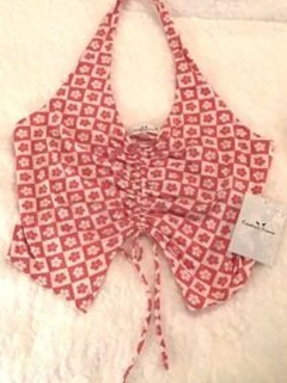 pink/white check flower pattern Halter Top Sz XL